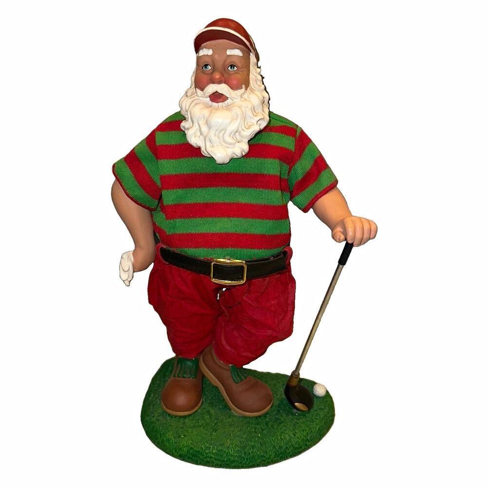 Vintage Golfing Santa Claus Figurine Christmas Decor Resin Striped Shirt Golf